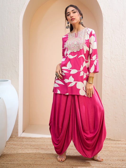 Women Pink Floral Embroidered Kurta With Dhoti Skirt