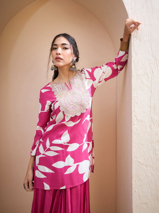 Women Pink Floral Embroidered Kurta With Dhoti Skirt