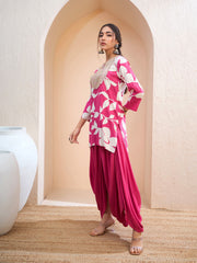 Women Pink Floral Embroidered Kurta With Dhoti Skirt