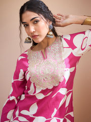 Women Pink Floral Embroidered Kurta With Dhoti Skirt
