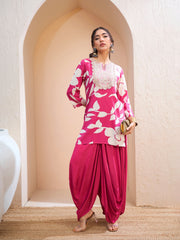 Women Pink Floral Embroidered Kurta With Dhoti Skirt