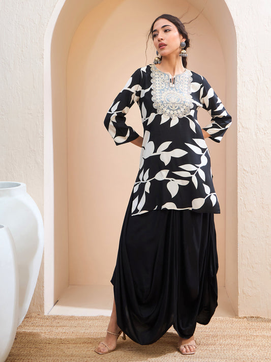 Women Black Floral Embroidered Kurta With Dhoti Skirt