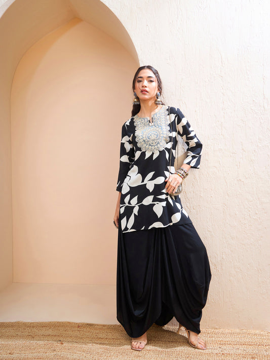 Women Black Floral Embroidered Kurta With Dhoti Skirt