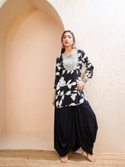 Women Black Floral Embroidered Kurta With Dhoti Skirt