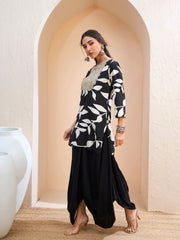 Women Black Floral Embroidered Kurta With Dhoti Skirt