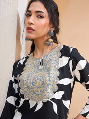 Women Black Floral Embroidered Kurta With Dhoti Skirt