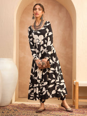Women Black Floral Anarkali Kurta With Pencil Pants