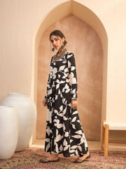 Women Black Floral Anarkali Kurta With Pencil Pants