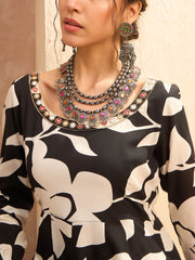 Women Black Floral Anarkali Kurta With Pencil Pants