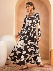 Women Black Floral Anarkali Kurta With Pencil Pants