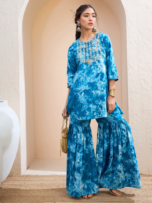 Women Blue Tie & Dye Short Kurta With Sharara Pants