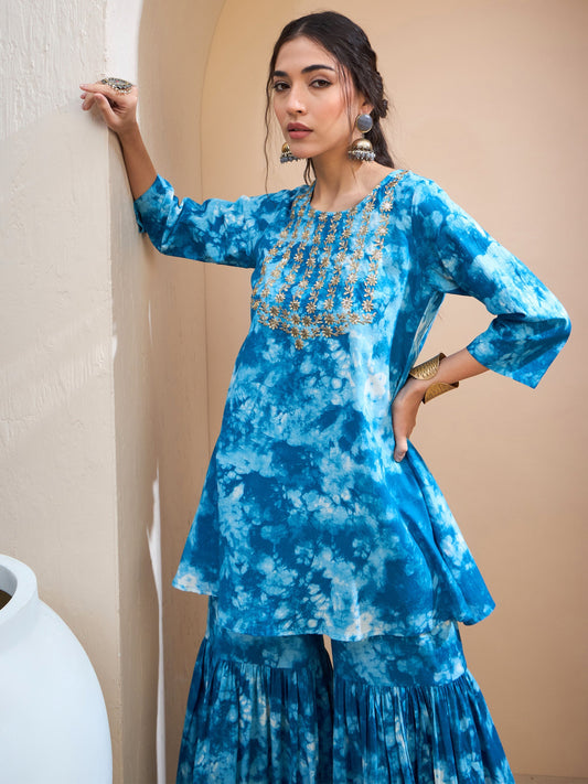 Women Blue Tie & Dye Short Kurta With Sharara Pants