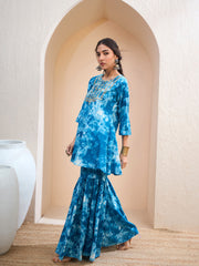 Women Blue Tie & Dye Short Kurta With Sharara Pants