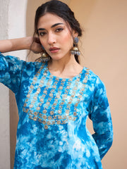 Women Blue Tie & Dye Short Kurta With Sharara Pants