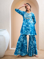 Women Blue Tie & Dye Short Kurta With Sharara Pants