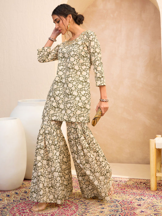 Women Olive Floral Embroidered Kurta With Sharara Pants