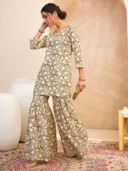 Women Olive Floral Embroidered Kurta With Sharara Pants