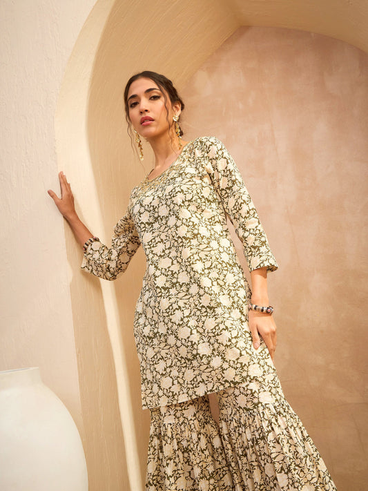 Women Olive Floral Embroidered Kurta With Sharara Pants