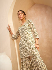Women Olive Floral Embroidered Kurta With Sharara Pants