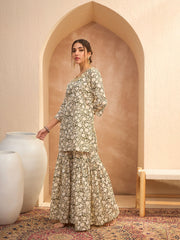 Women Olive Floral Embroidered Kurta With Sharara Pants
