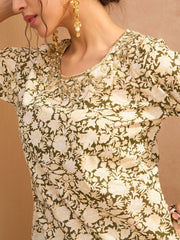 Women Olive Floral Embroidered Kurta With Sharara Pants