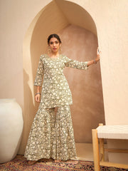 Women Olive Floral Embroidered Kurta With Sharara Pants