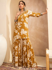 Women Mustard Floral Embroidered Kurta With Sharara Pants