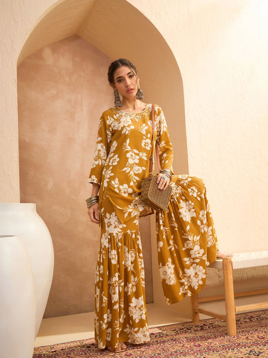 Women Mustard Floral Embroidered Kurta With Sharara Pants