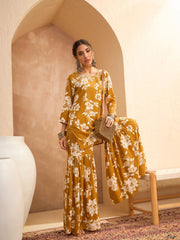 Women Mustard Floral Embroidered Kurta With Sharara Pants