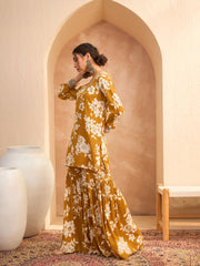 Women Mustard Floral Embroidered Kurta With Sharara Pants