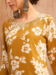 Women Mustard Floral Embroidered Kurta With Sharara Pants