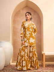 Women Mustard Floral Embroidered Kurta With Sharara Pants