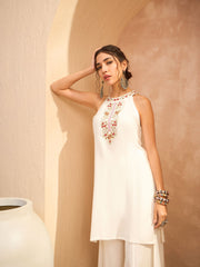 Women White Embroidered Halter Kurta With Palazzo Pants