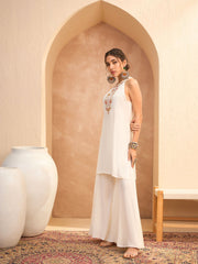 Women White Embroidered Halter Kurta With Palazzo Pants