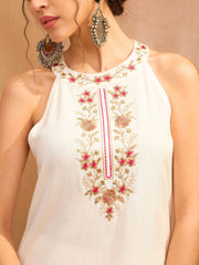 Women White Embroidered Halter Kurta With Palazzo Pants