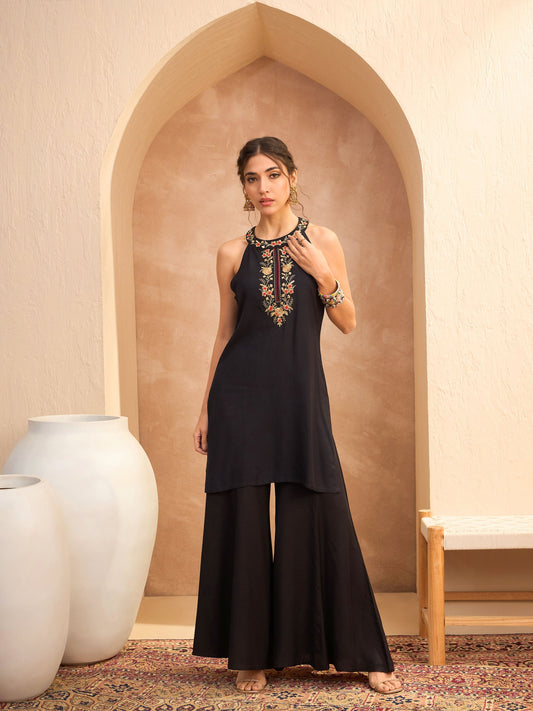 Women Black Embroidered Halter Kurta With Palazzo Pants