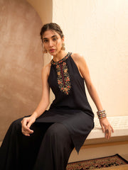 Women Black Embroidered Halter Kurta With Palazzo Pants