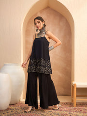 Women Black Embroidered Strappy Kurta With Palazzos