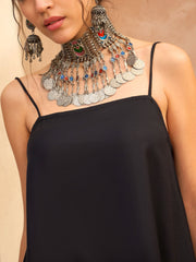 Women Black Embroidered Strappy Kurta With Palazzos
