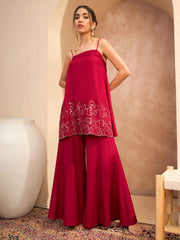 Women Maroon Embroidered Strappy Kurta With Palazzos