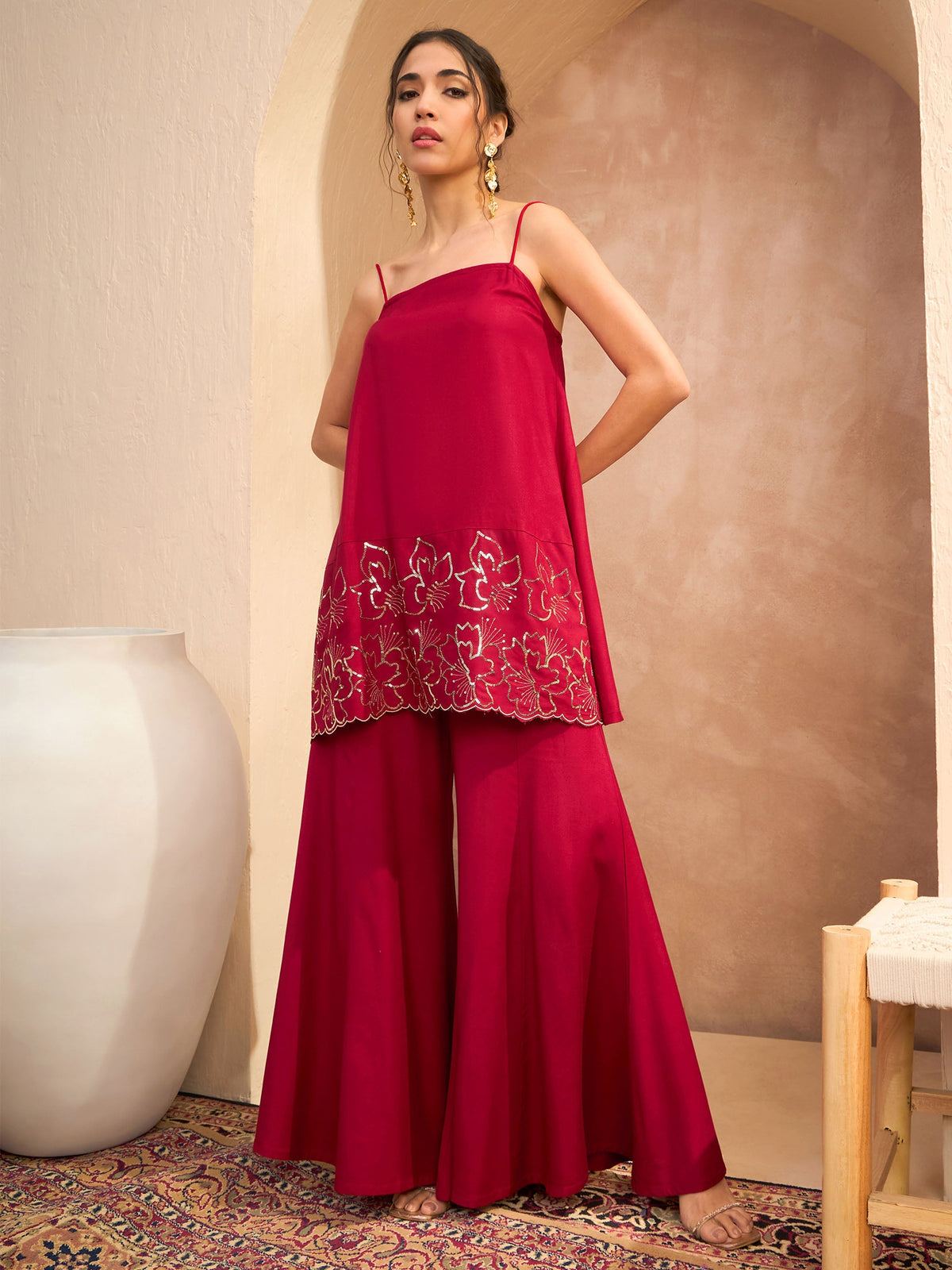 Women Maroon Embroidered Strappy Kurta With Palazzos