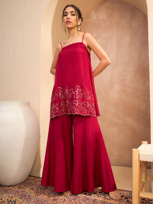 Women Maroon Embroidered Strappy Kurta With Palazzos