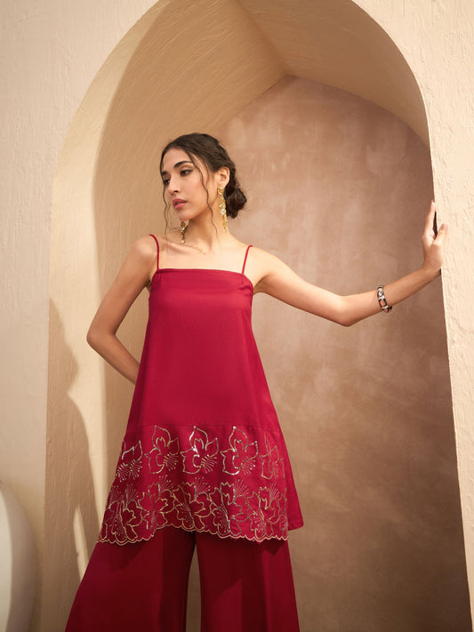 Women Maroon Embroidered Strappy Kurta With Palazzos