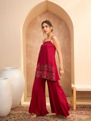 Women Maroon Embroidered Strappy Kurta With Palazzos