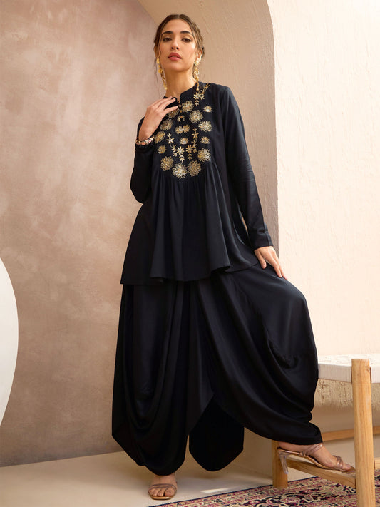 Women Black Embroidered Peplum Top With Dhoti Skirt