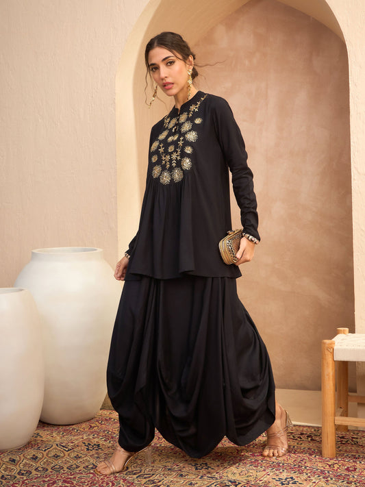 Women Black Embroidered Peplum Top With Dhoti Skirt