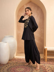Women Black Embroidered Peplum Top With Dhoti Skirt