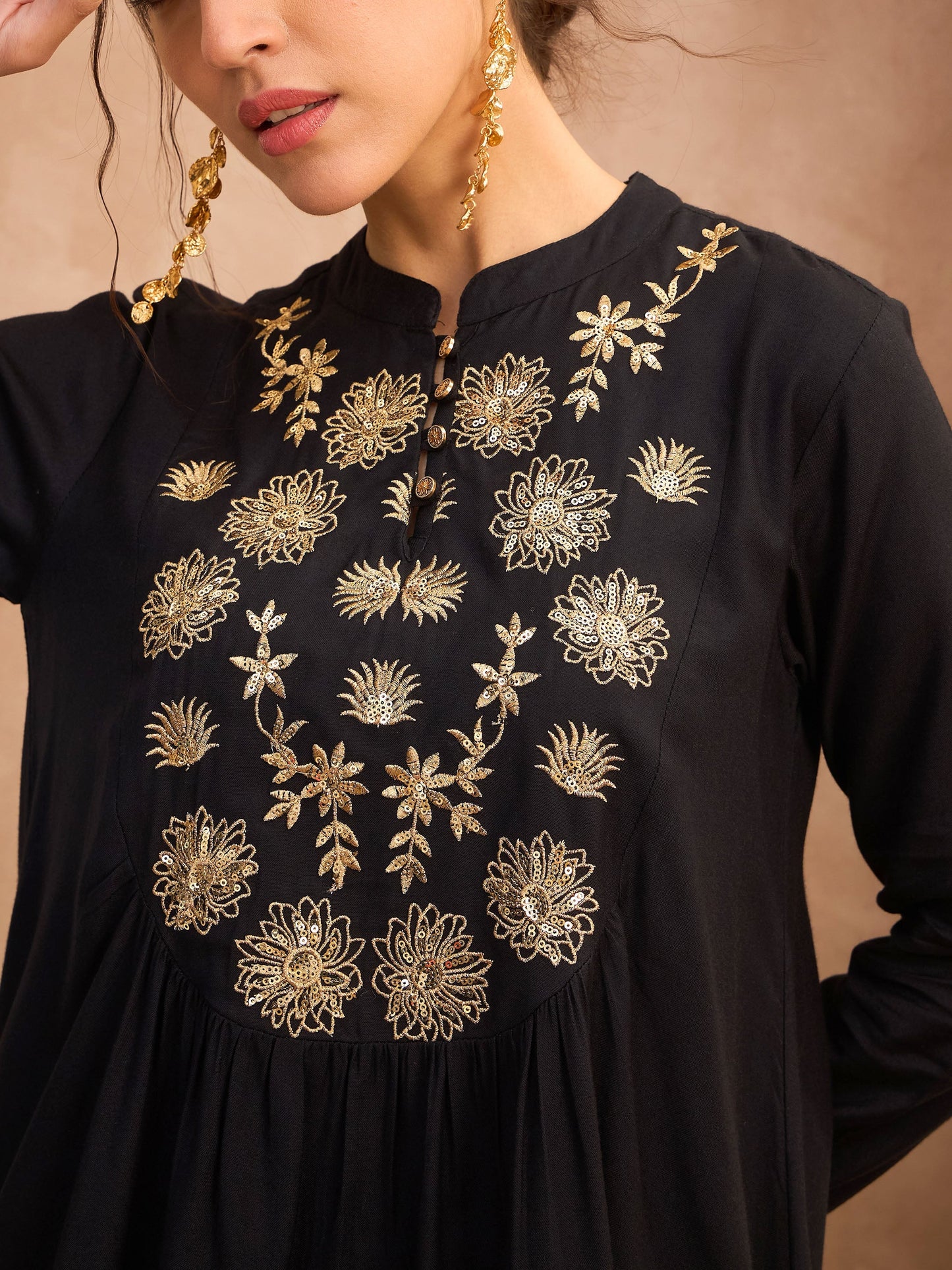Women Black Embroidered Peplum Top With Dhoti Skirt