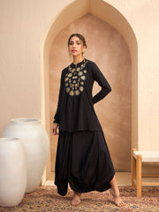 Women Black Embroidered Peplum Top With Dhoti Skirt