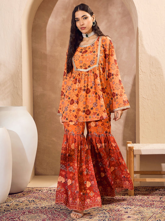 Women Orange Floral Short Kurta With Sharara Pants